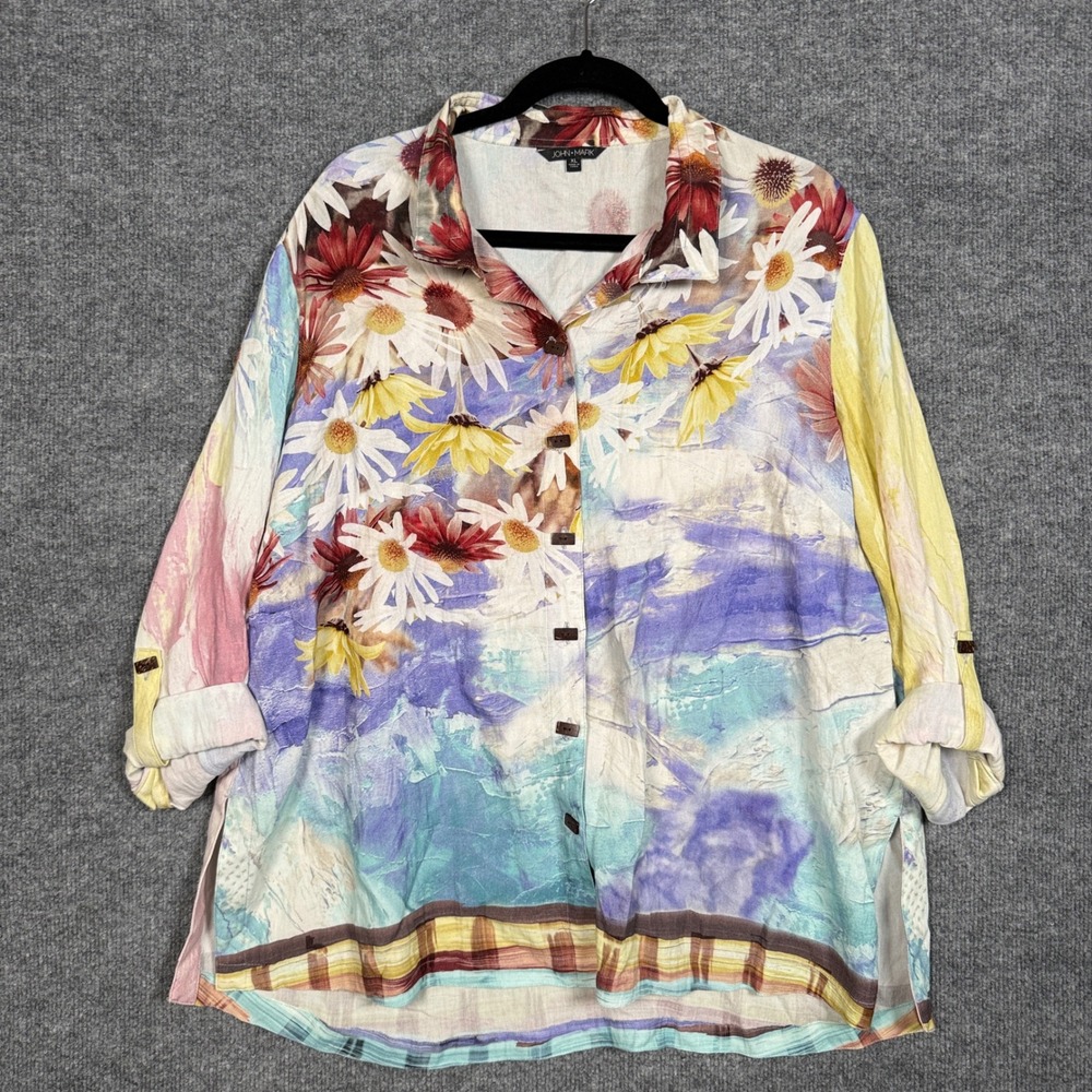 John Mark Size XL Shirt Top Cream Floral Rayon Nylon Blend Roll Tab Sleeves‎